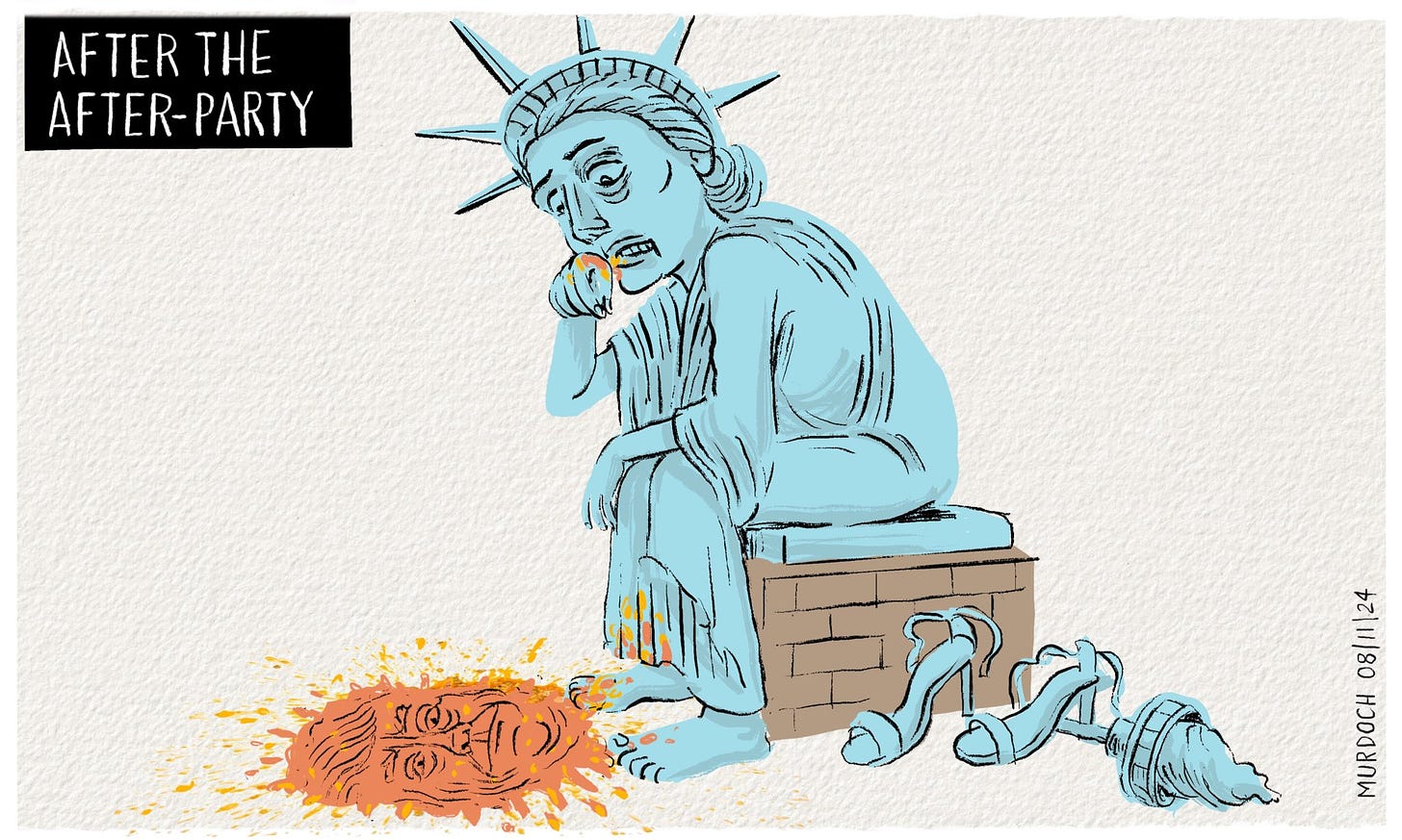 Cartoon. Title: After the after-party. The Statue of Liberty after a hard night. Her torch and high-heels at the side of her plinth, and a pile of Trump puke between her feet.