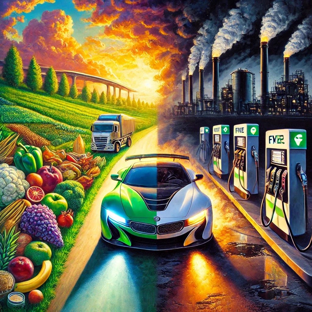 A stunning oil painting symbolizing the human body as a high-performance car and the food industry as a network of gas stations. On one side, a sleek, vibrant sports car fueled by pure, clean energy glides through a sunlit, green landscape filled with lush whole foods like fruits, vegetables, and grains. On the other side, a shadowy, industrial scene shows gas stations pumping out polluted, glowing fuel symbolizing sugar and fructose. The car on this side is damaged, with warning lights glowing on a malfunctioning dashboard and smoke rising from the engine. The background features dark factories with billowing smoke, and the road is littered with signs of damage like cracked pavement and spilled fuel. The contrast is highlighted with dramatic, expressive brushstrokes and a rich, bold color palette, evoking a sense of urgency and transformation.