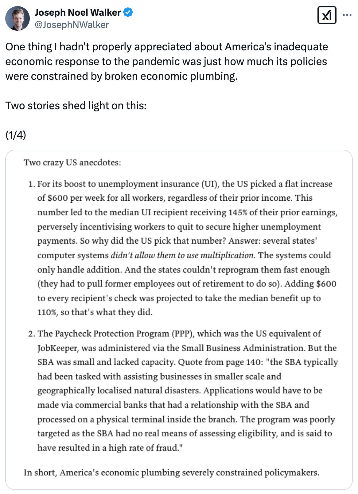   See new posts Conversation Joseph Noel Walker @JosephNWalker One thing I hadn't properly appreciated about America's inadequate economic response to the pandemic was just how much its policies were constrained by broken economic plumbing.  Two stories shed light on this:  (1/4)