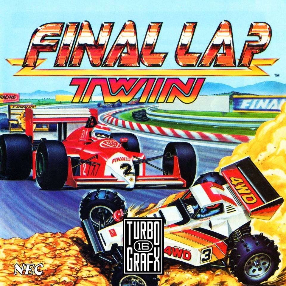 The artwork from the box of Final Lap Twin, which is missing the PC Engine/Turbografx-16 designation up top, but shows the game's logo, and a few F1 cars racing around the track, as well as the NEC logo in the bottom left.
