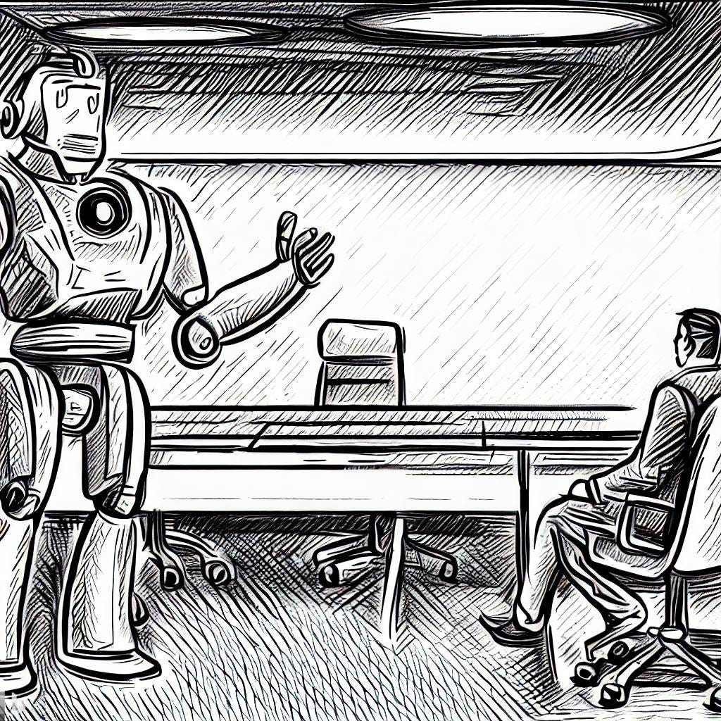 2D clean black and white sketch drawing, man talking witha a robot in a corporate meeting room