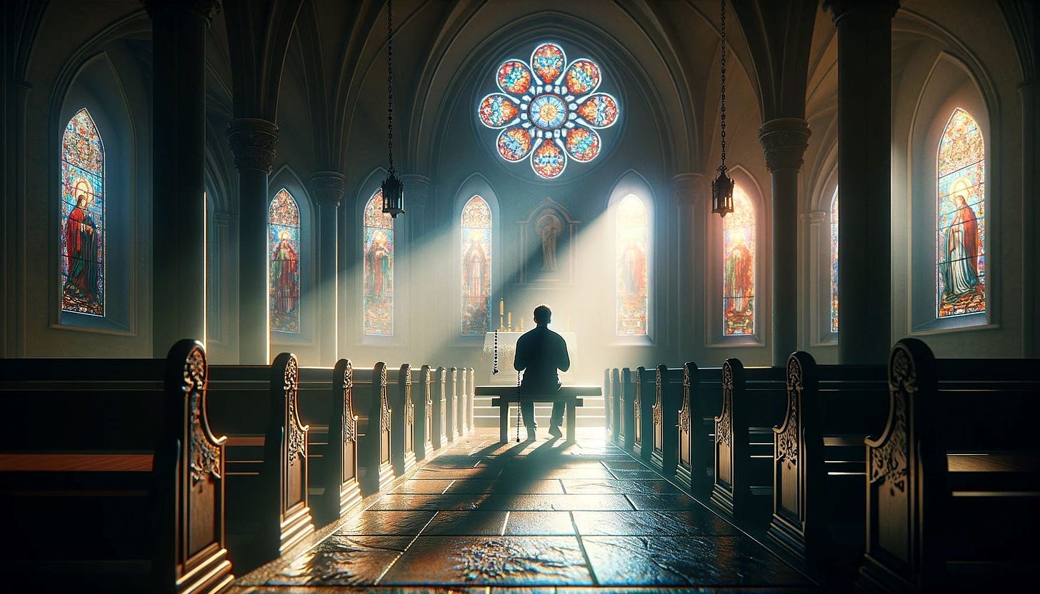 A male figure sits on a bench in front of the altar in a church dappled with light through colourful stained glass windows.