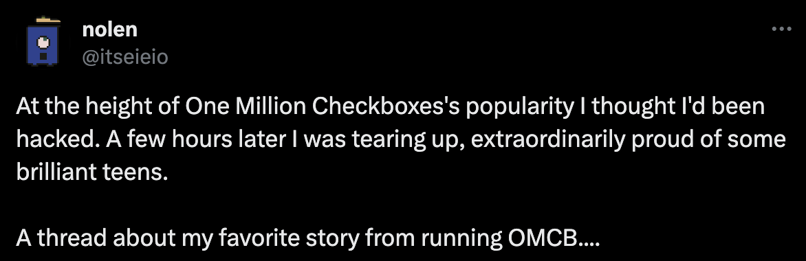 Start of a twitter thread about 1 million checkboxes - click the link to read it, too long for alt text