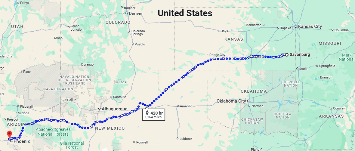 image of map showing approximate foot route from Savonburg, Kansas to Glendale, Arizona on a modern map