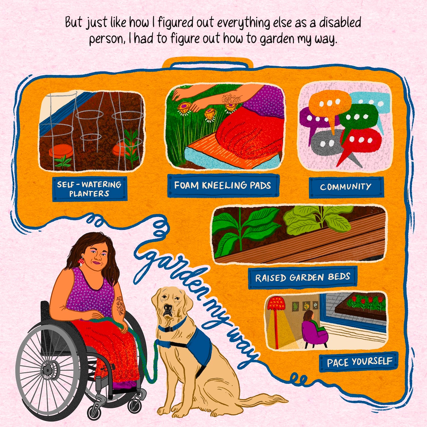 A disabled woman in her manual wheelchair, next to her service dog, with several support systems for disabled gardening: self-watering planters, foam kneeling pads, community, raised garden beds, and pace yourself.