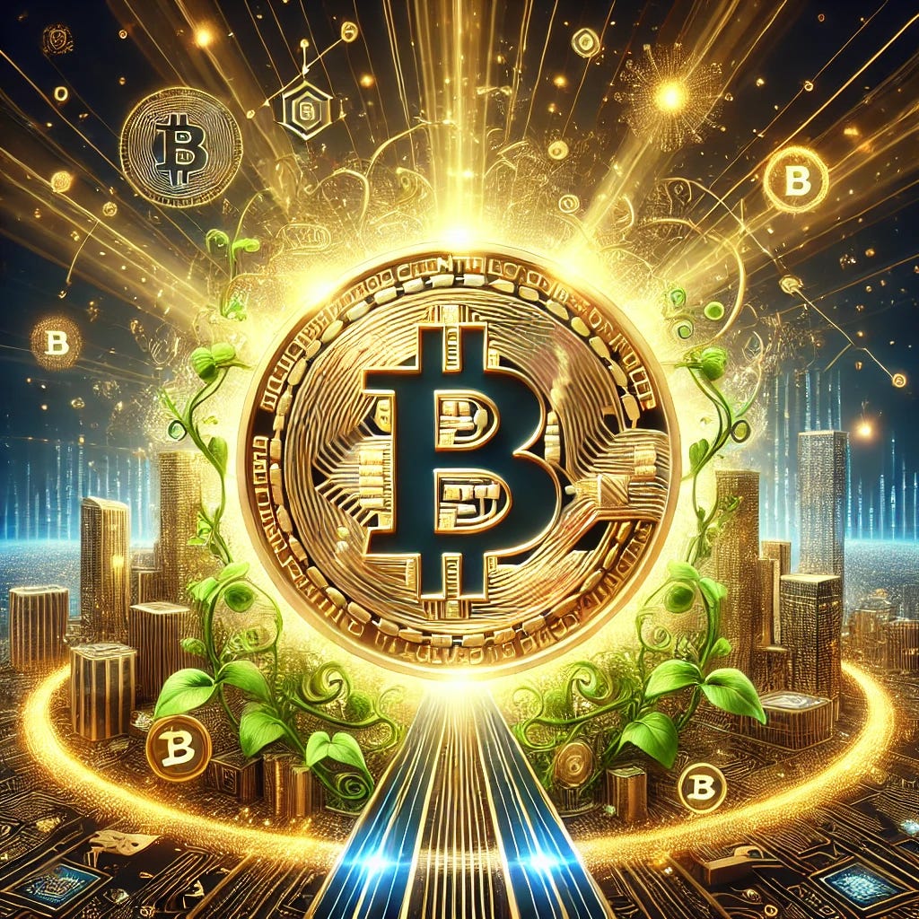 A digital illustration symbolizing Bitcoin prosperity, featuring a glowing Bitcoin coin prominently in the center. The coin is surrounded by golden light rays radiating outward, symbolizing wealth and growth. The background includes futuristic cityscapes with skyscrapers adorned with digital patterns and blockchain nodes. Streams of digital data flow around the Bitcoin symbol, intertwining with lush green vines and golden accents, representing financial growth and sustainability. The lighting is vibrant, with a mix of gold and blue hues, giving the image a modern and optimistic feel. Created with ultra-detailed textures, HD rendering, and a dynamic composition.