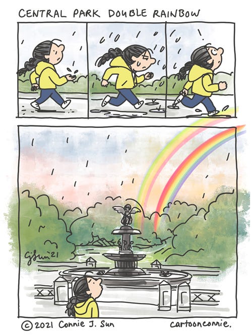 Central Park Double Rainbow 4-panel full-color wordless comic of a girl with a braid jogging in Central Park, as it's starting to rain. Next panel in sequence, she is shown hunched with a scowl as the rain falls. Another beat and she looks upward again with surprise. Final panel splash, she has come to a halt in front of the Bethesda Fountain, at sundown, sky lit up in golden hues and the arc of a double rainbow brushed across the last sunlight coming through the clouds. Sketchbook comic strip by Connie Sun, cartoonconnie