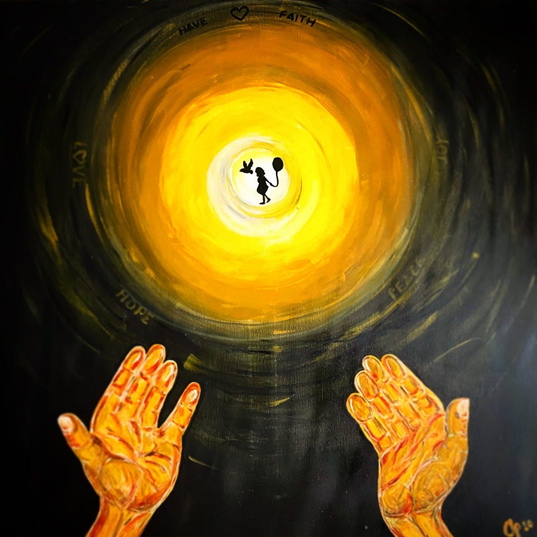 Art of a swirling canvas that starts black, growing ever lighter, as it moves toward a bright yellow center. In the center, we see a child holding a balloon and a bird. Words circle the bright center - Have faith, hope, love, joy, peace.