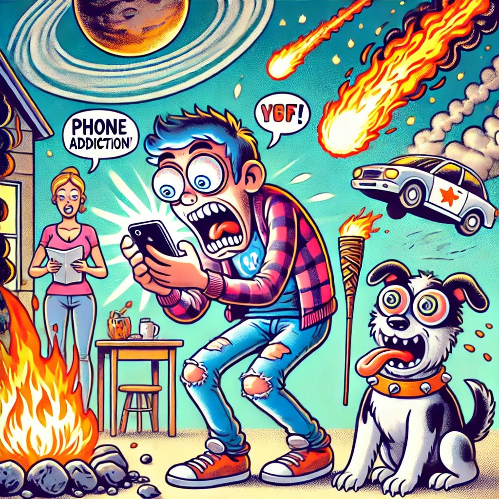 A cartoon-style illustration with a sarcastic, quirky vibe. A character obsessively checking their phone, completely oblivious to absurd chaos around them—a meteor crashing down, a dog juggling flaming torches, and their house on fire. The character has exaggerated, wide-eyed expressions of phone addiction. Bright, bold colors, playful, humorous, and satirical style. The scene should feel ridiculous yet painfully relatable. No text included.