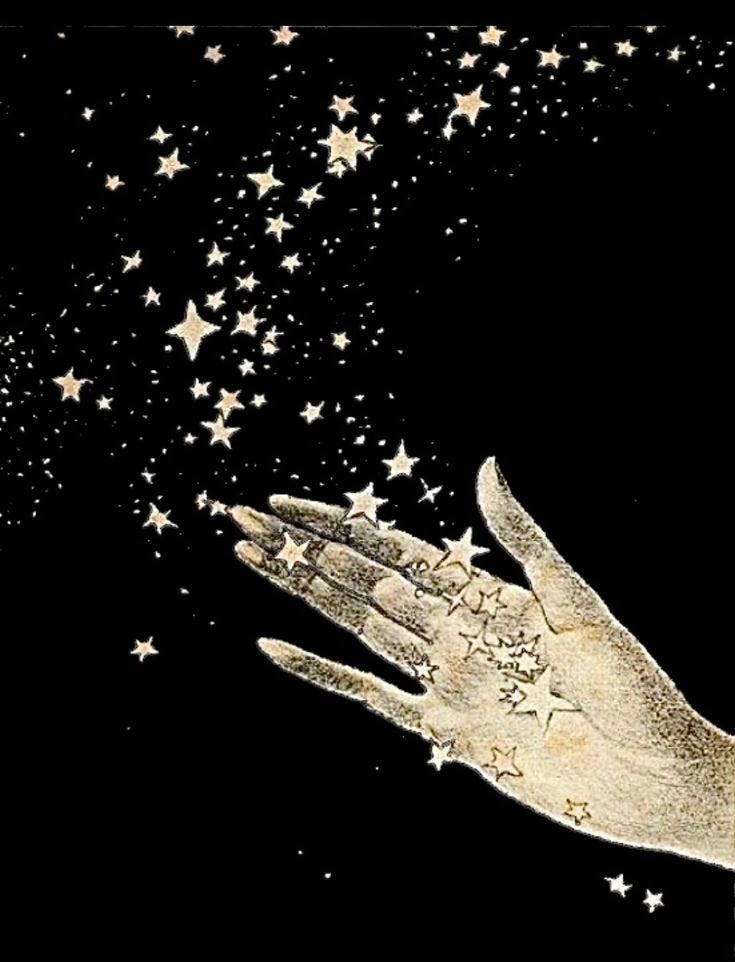 This may contain: a hand reaching for stars in the night sky