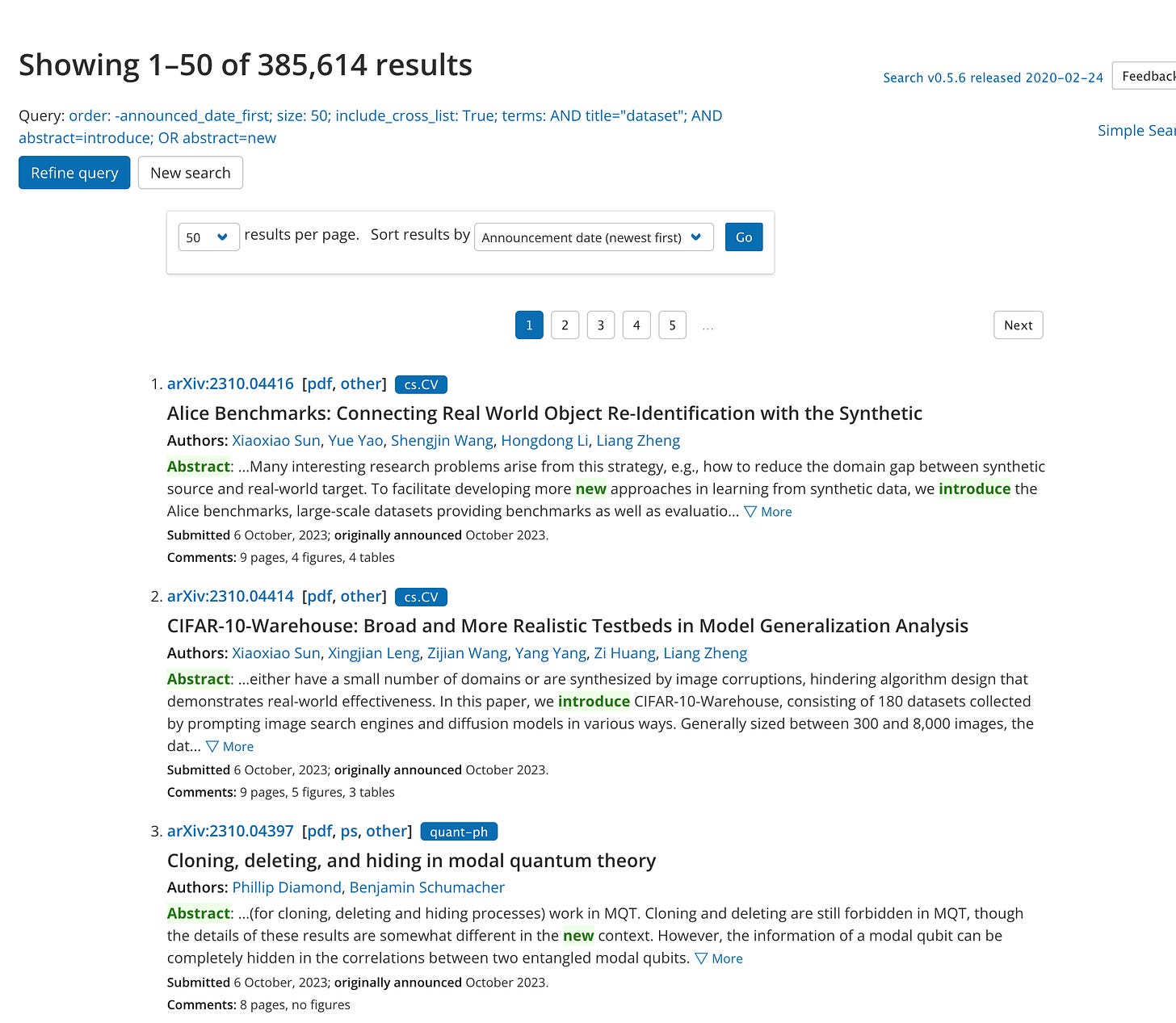 Search results for a more complex search. The results still show abstracts for papers which are not about new datasets