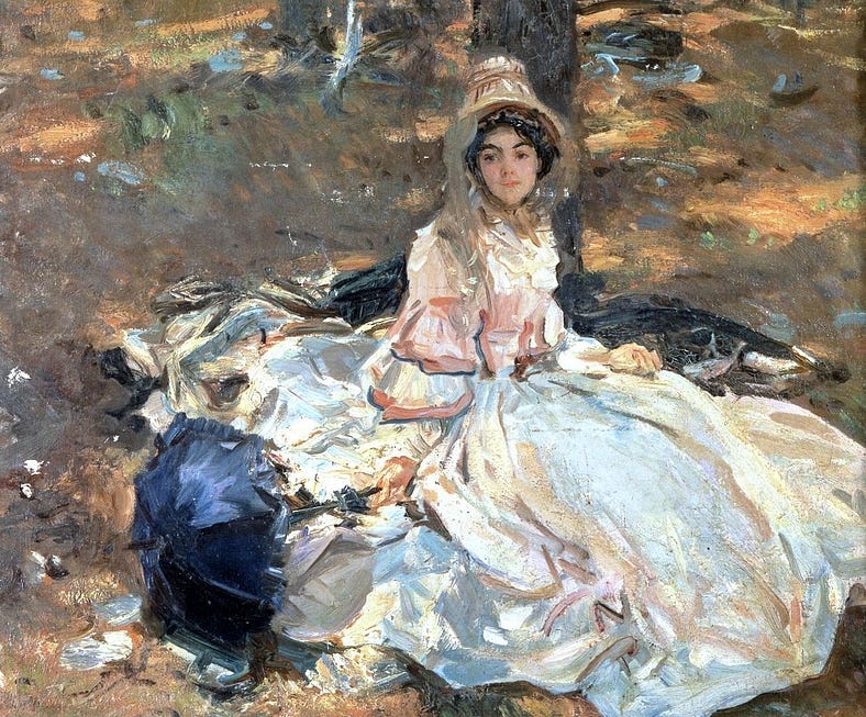 The Pink Dress (1912). A sitter poufs out in an unfashionaly wide skirt, bonnet and soft pink bodice. She sits in a sun dappled country scene, looking remarkably anachronistic.
