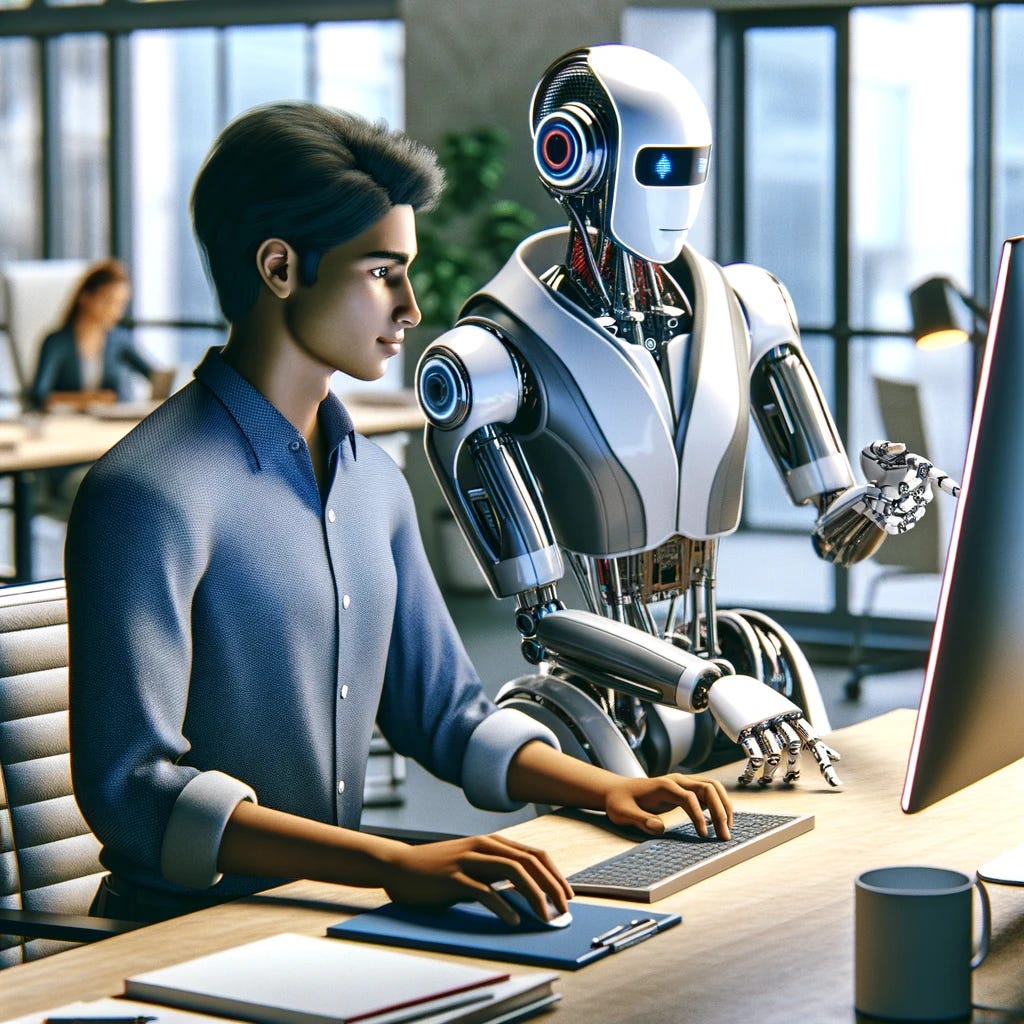 A detailed office scene showing a person of South Asian descent sitting at a desk, typing on a computer. The person appears focused, wearing casual office attire. Next to them, a sleek, modern robot with a humanoid upper body and a screen for a face is leaning over, pointing at the computer screen. The robot's design is futuristic with smooth, metallic surfaces, and it has a friendly, helpful demeanor. The office has a large window in the background, letting in natural light, and there are some potted plants around, creating a pleasant, productive atmosphere.