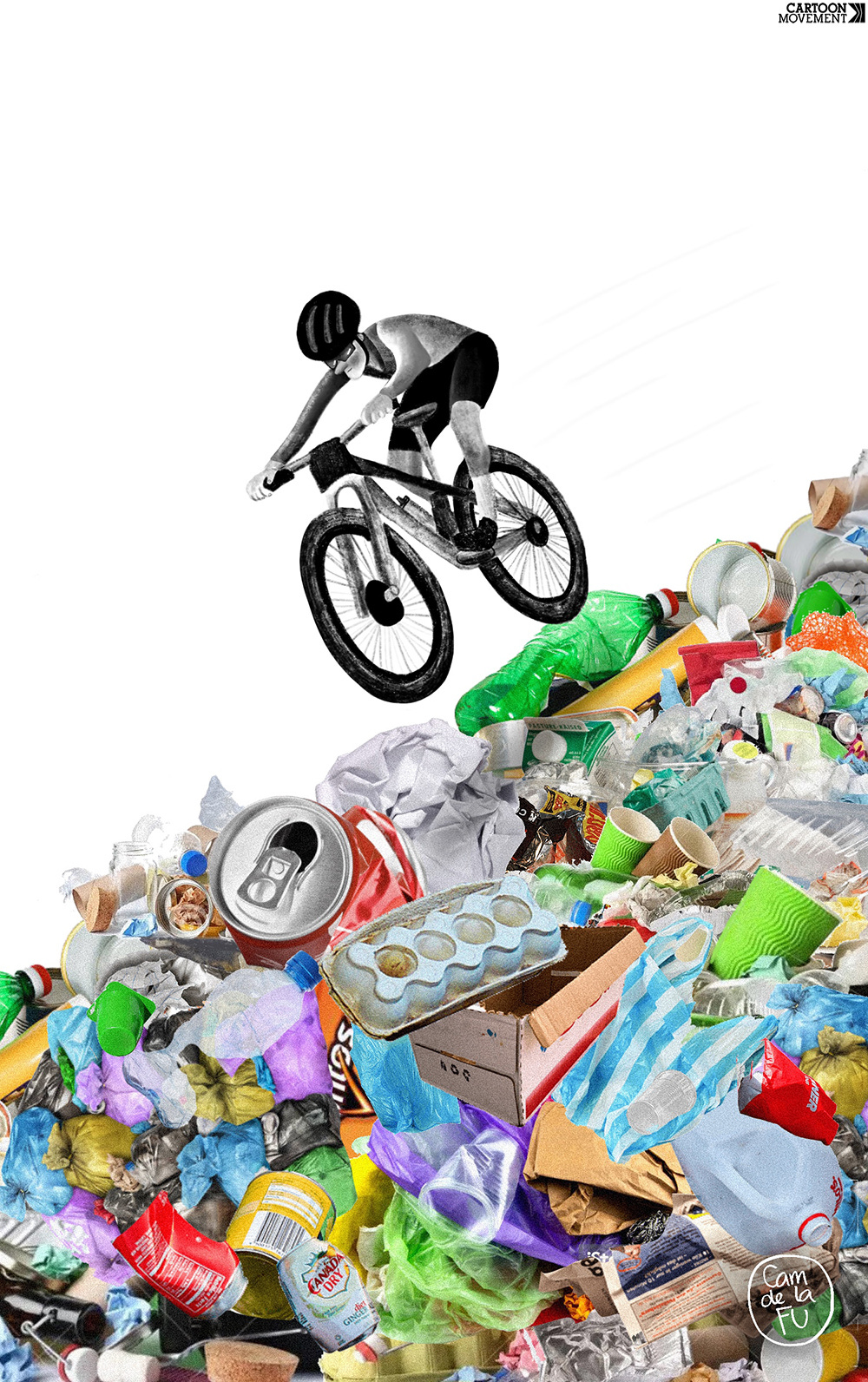 Cartoon showing a mountain bike navigating a mountain of trash.