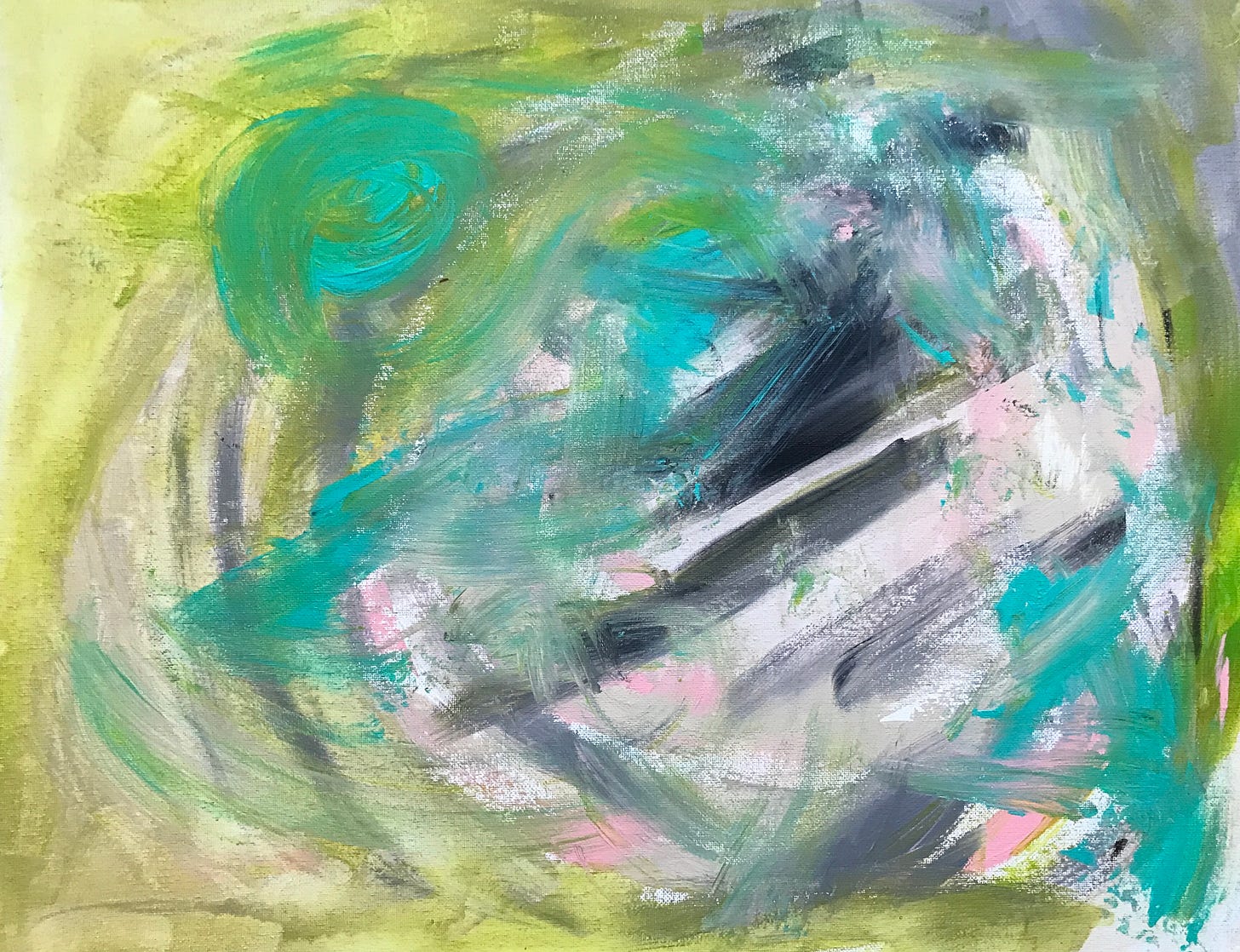 Abstract painting of brush swaths, diagonal lines and circles in sour green, teal, black, pale pink
