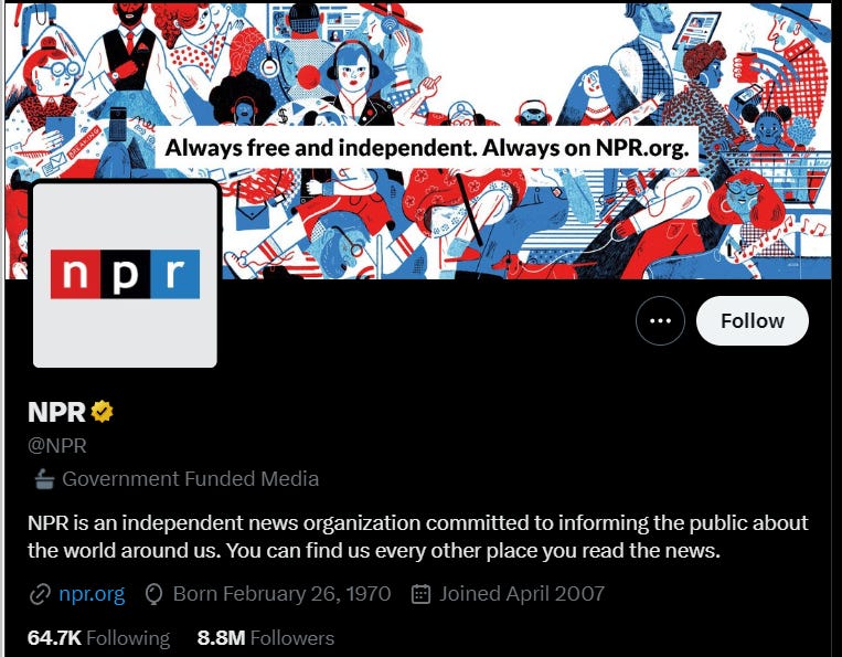 The NPR twitter account with the "Government Funded Media" label