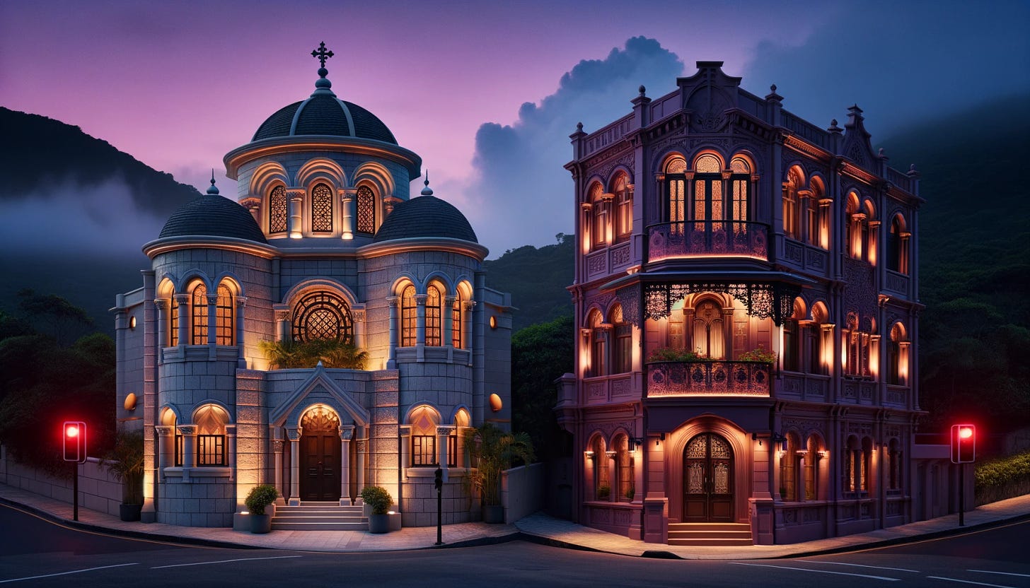 A subtle scene at twilight depicting two contrasting structures side by side without distinctly Asian themes. On the left, a temple with a fusion of Romanesque and modern architecture, featuring rounded arches and sandstone walls, softly lit to enhance its serene elegance. On the right, a Victorian-style brothel with a toned-down color palette of burgundies and purples, subtle backlit signage, and floral ironwork on rounded balconies. The sky above is a blend of twilight blues and purples, casting soft glows and shadows, symbolizing a quiet yet tense coexistence.
