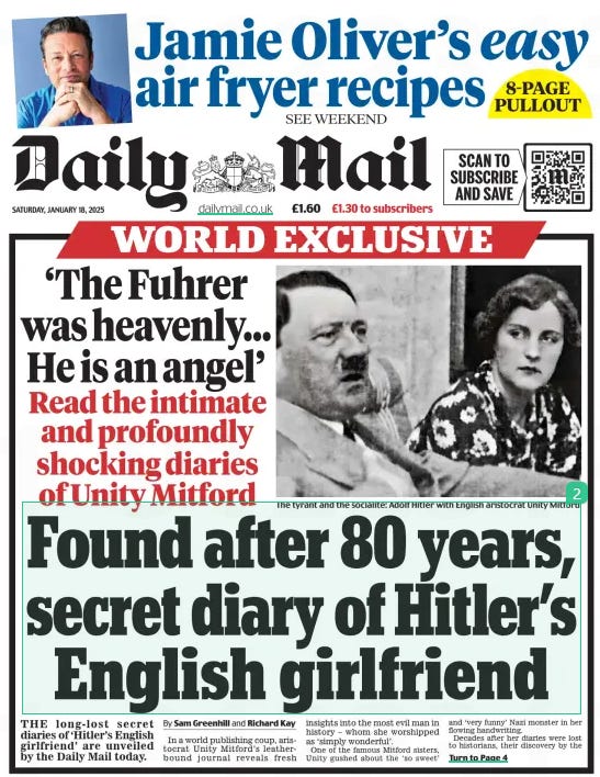 Daily Mail full front page on Hitler with a quote calling him an 'angel'