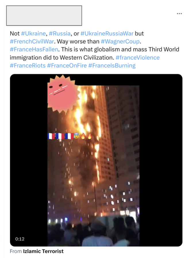 tweet of apartment on fire talking about france having "fallen"
