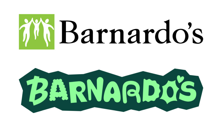 A before and after of the Barnardo's logo. The old one is old-fashioned, and the new one is playful and friendly.