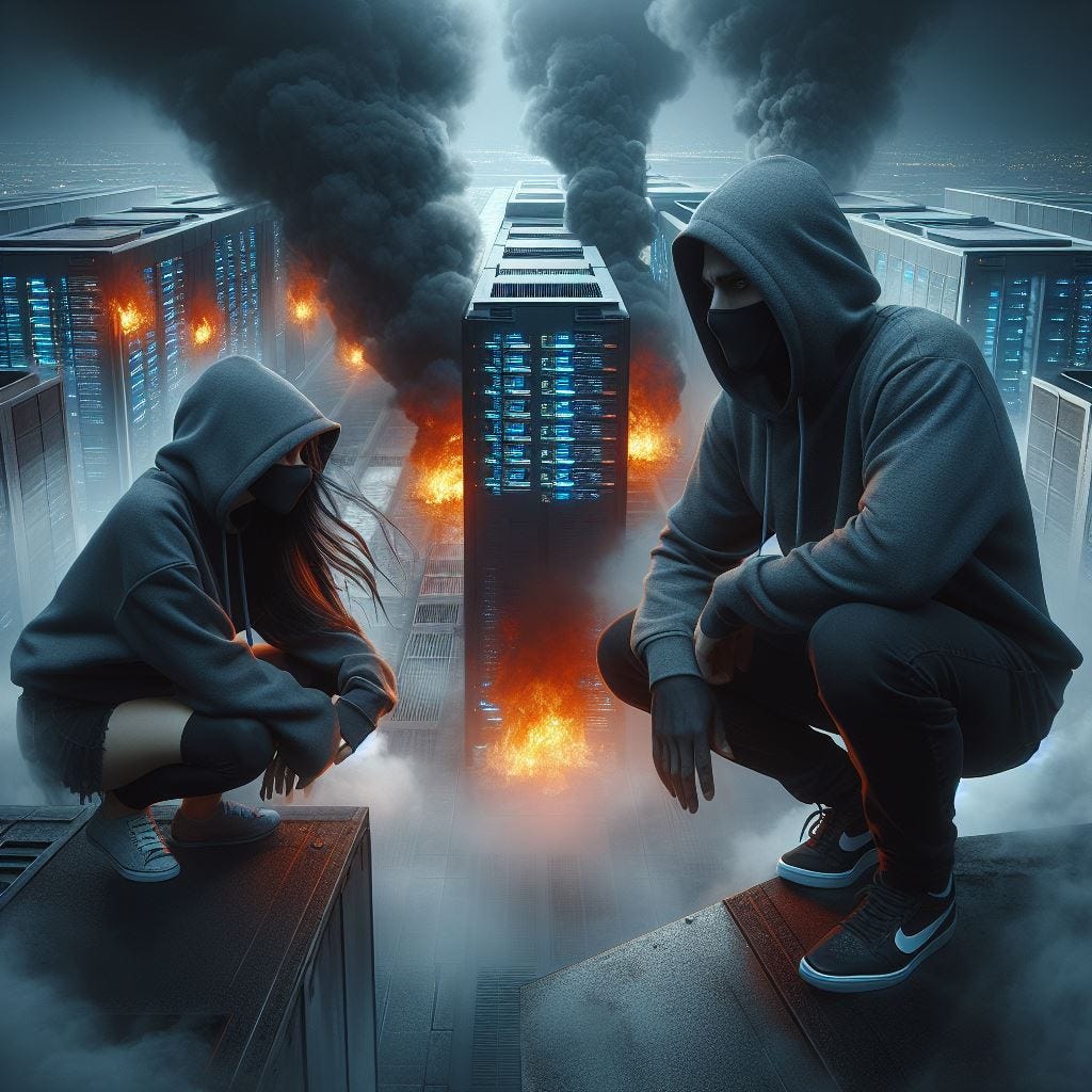 a crouching dark man and woman, both in grey hoodies, the woman with long hair spilling out from her hood, the man with black skin, faces obscured by masks, standing on a rise looking from above, watch a data center filled with fake fire and real smoke billowing out, in a cool haunting photorealistic style