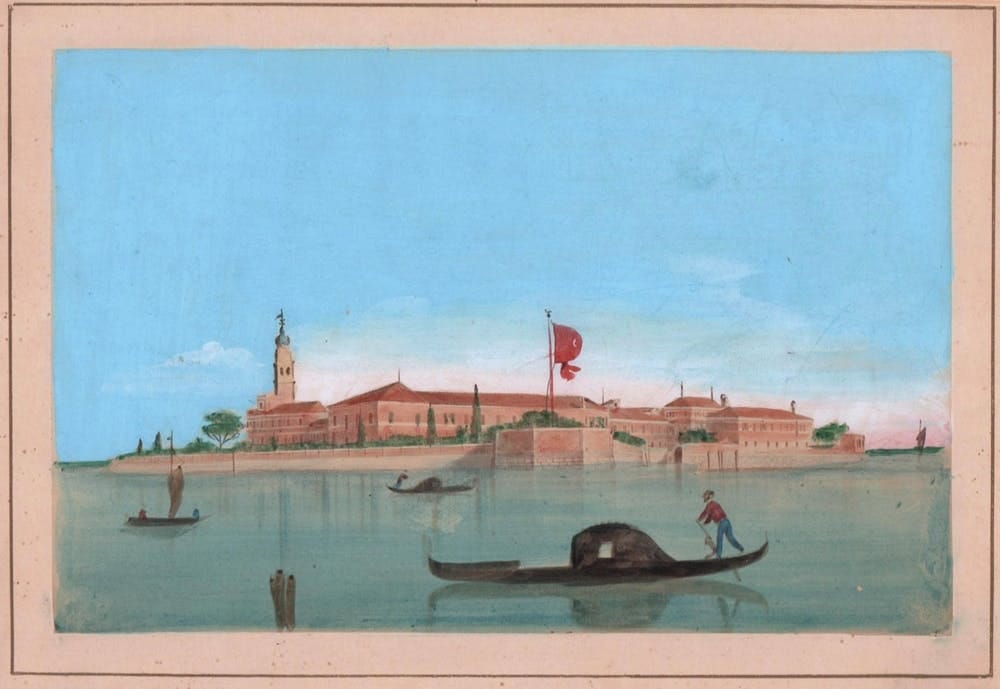 Painting of gondolas on turquoise waters with a walled island featuring terracotta buildings, a bell tower, and a red flag flying in a clear blue sky.