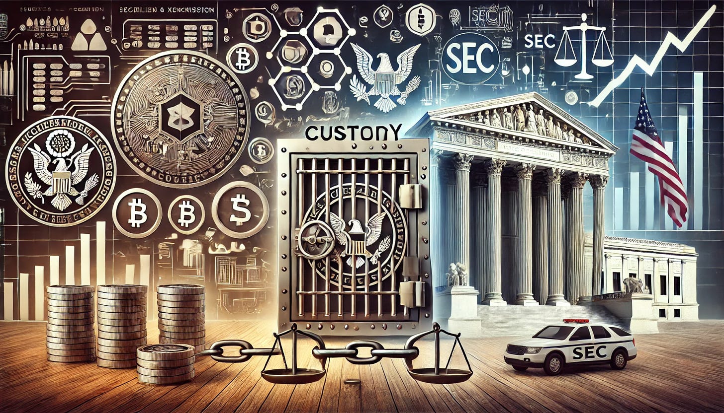 A visual representation of cryptoasset custody and the U.S. Securities and Exchange Commission (SEC). On the left side, crypto-related elements such as digital coins, blockchain symbols, and a secure vault representing custody. On the right side, symbols of regulation and oversight, with the SEC logo prominently displayed, court buildings, and scales of justice. In the middle, a digital chain linking both sides, symbolizing the regulation of cryptoassets under the watch of the SEC.