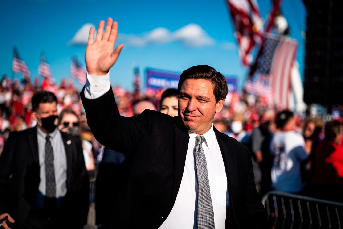 Florida Gov. Ron DeSantis waves before speaking at a rally in Orlando in 2020.