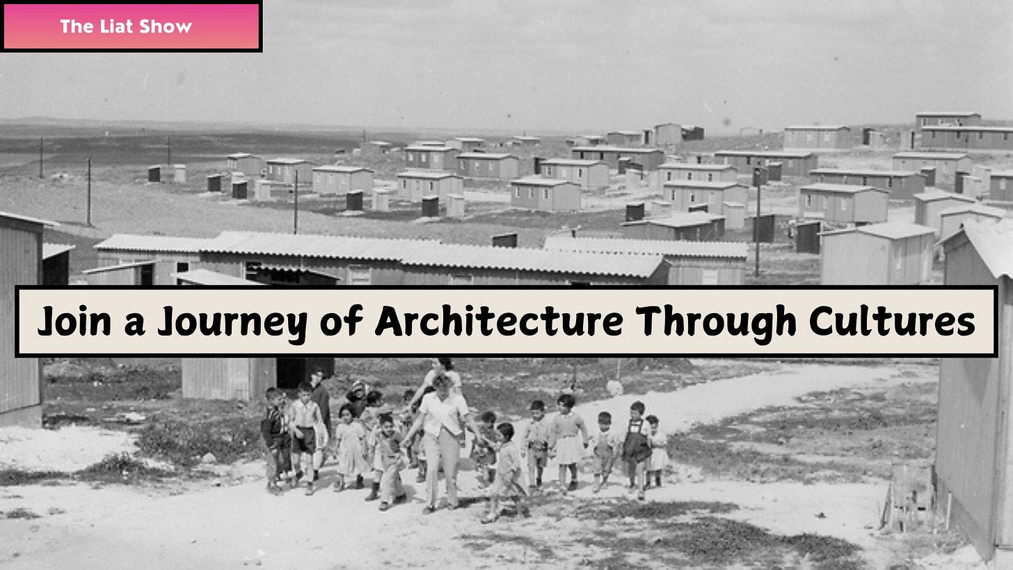 Ma'abarot - transit camps in the early days of Israel, showing rows of simple wooden and tin huts with a woman leading a group of children along a dirt path.