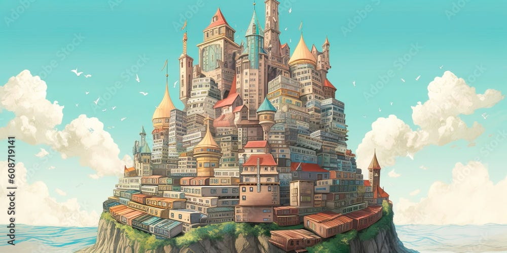 fantastical castle made entirely of books, with towers and turrets stacked high with tomes of all shapes and sizes. Generative AI