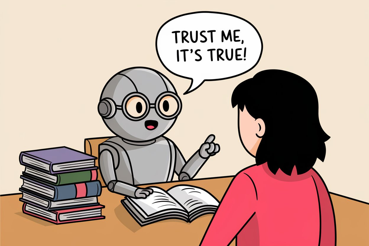 cartoon illustration: cute robot wearing glasses sitting at a table next to a stack of books, telling a person "Trust me, it's true!"