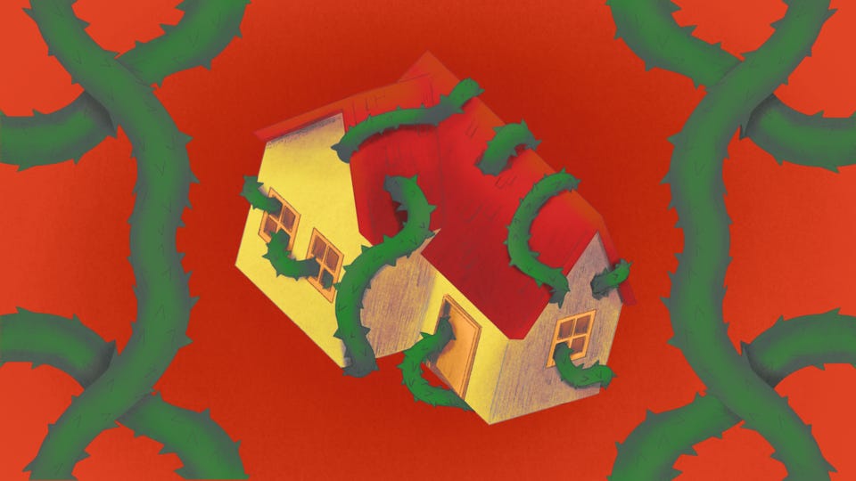 A home wrapped in vines, intended to represent the impact domestic sexual violence has on a family. A home wrapped in vines, intended to represent the impact domestic sexual violence has on a family.