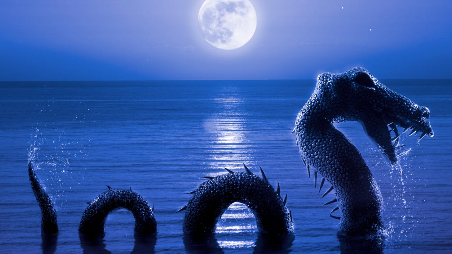 image of a scaly lake monster under the full moon