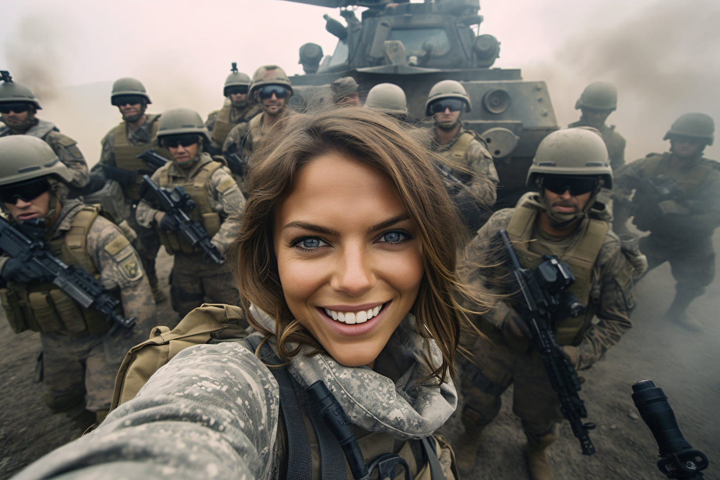 Prompt: ''A hyper - realistic GoPro selfie of a smiling glamorous Influencer with soldiers during battle. Extreme environment. --ar 3:2''