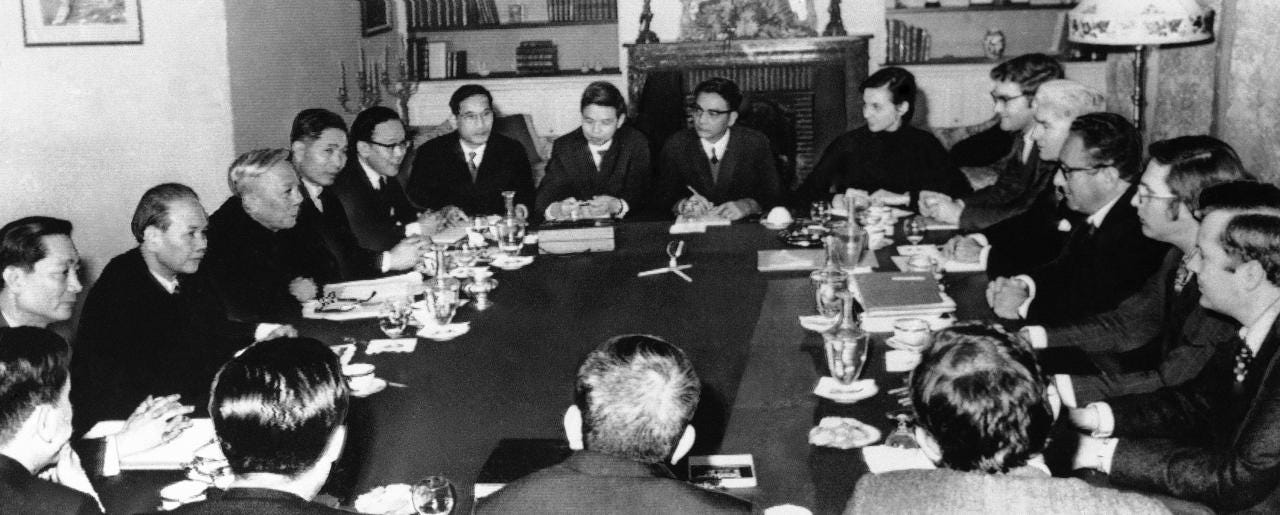 North Vietnam’s Le Duc Tho and United State’s Henry Kissinger meet in secret talks