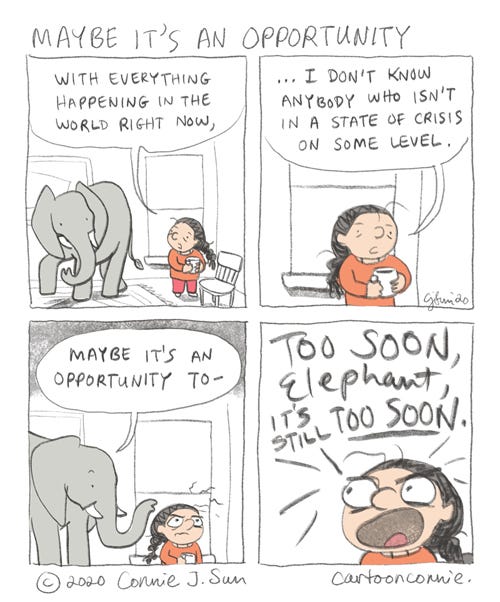 pandemic diary: maybe it's an opportunity crisis = risk + opportunity, comic strip, humor, readiness, cartoon, pandemic diary, sketchbook, drawing, illustration, connie sun, cartoonconnie