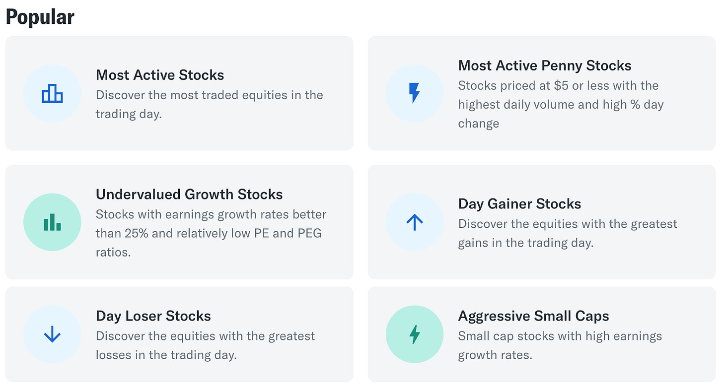 Yahoo! Finance stock screener popular screens