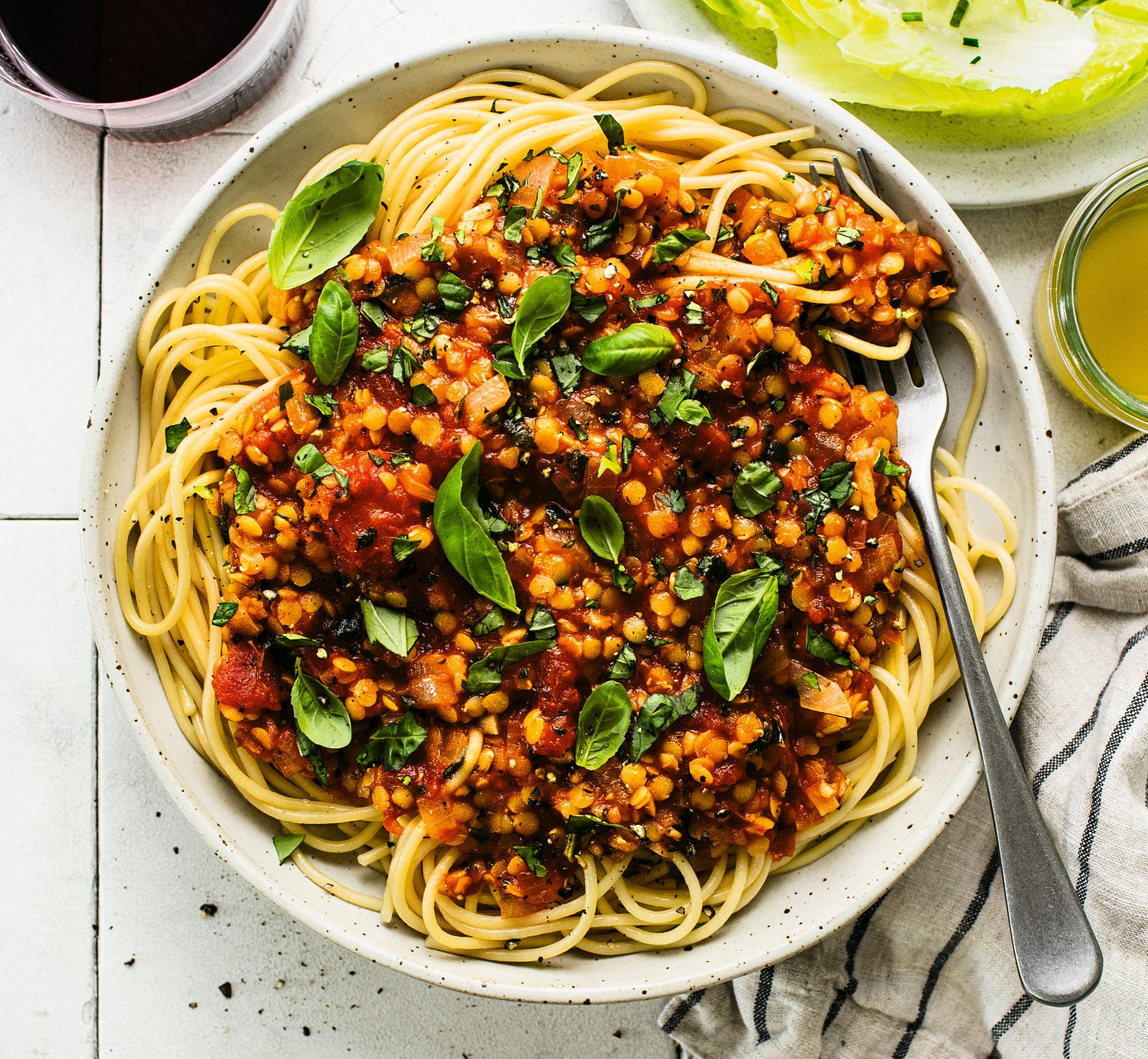 Plate of vegan spaghetti with lentil sauce.