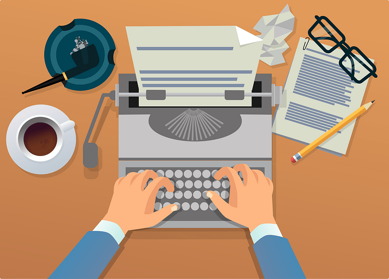 Clipart color drawing of hands on a typewriter, with coffee cup, pipe and ashtray, pencil and pad, and eyeglasses on the desktop around the typewriter.