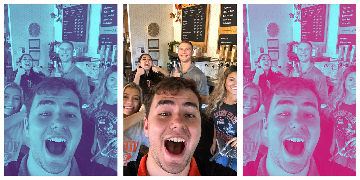 A triptych of the same photograph colored in different ways. A barista takes a self with a big open smile while his colleagues smile and give thumbs up in the background. 