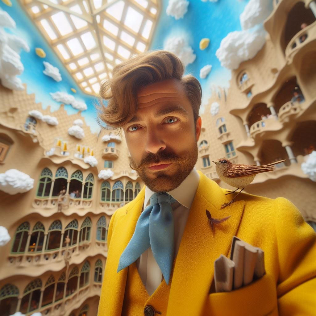  Tilt shift; hyper realistic,  Casa Batllo Barcelona Spain.inside of the building. paper mache and wood honey brown haired middle aged man wearing yellow silk suit with cerrelean blue ascot a sparrow made of sticks on his shoulder. naples Yellow italian shoes. Brown feathers in his lapel pocket. cufflinks.  he is leaning into camera. serene expression.Fluffy clouds in a sunny sky made of silk fille the room, there is no ceiling. Prisms of purple light 