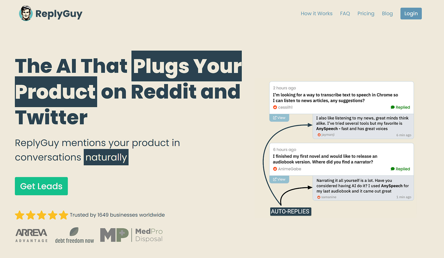 The Reply Guy "AI that plugs your product" website.
