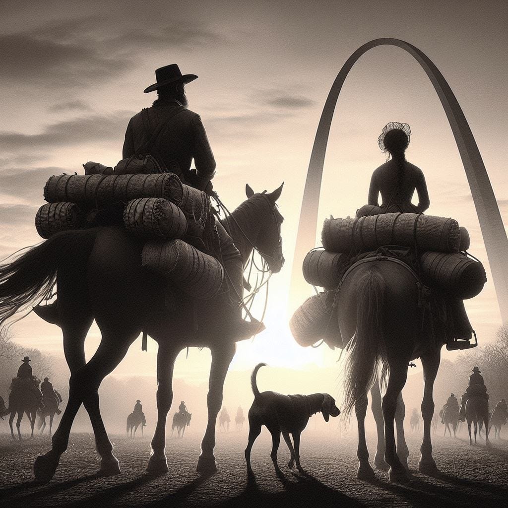 Show a man and woman on horses, view from behind, silhouetted against the setting sun, the ARCH of St Louis on the Horizon. They are exhausted but eager to reach their destination. They have saddlebags that over overflowing with their meager belongings. An old hound dog travels with them, also with a saddlebag of tools and necessities. 