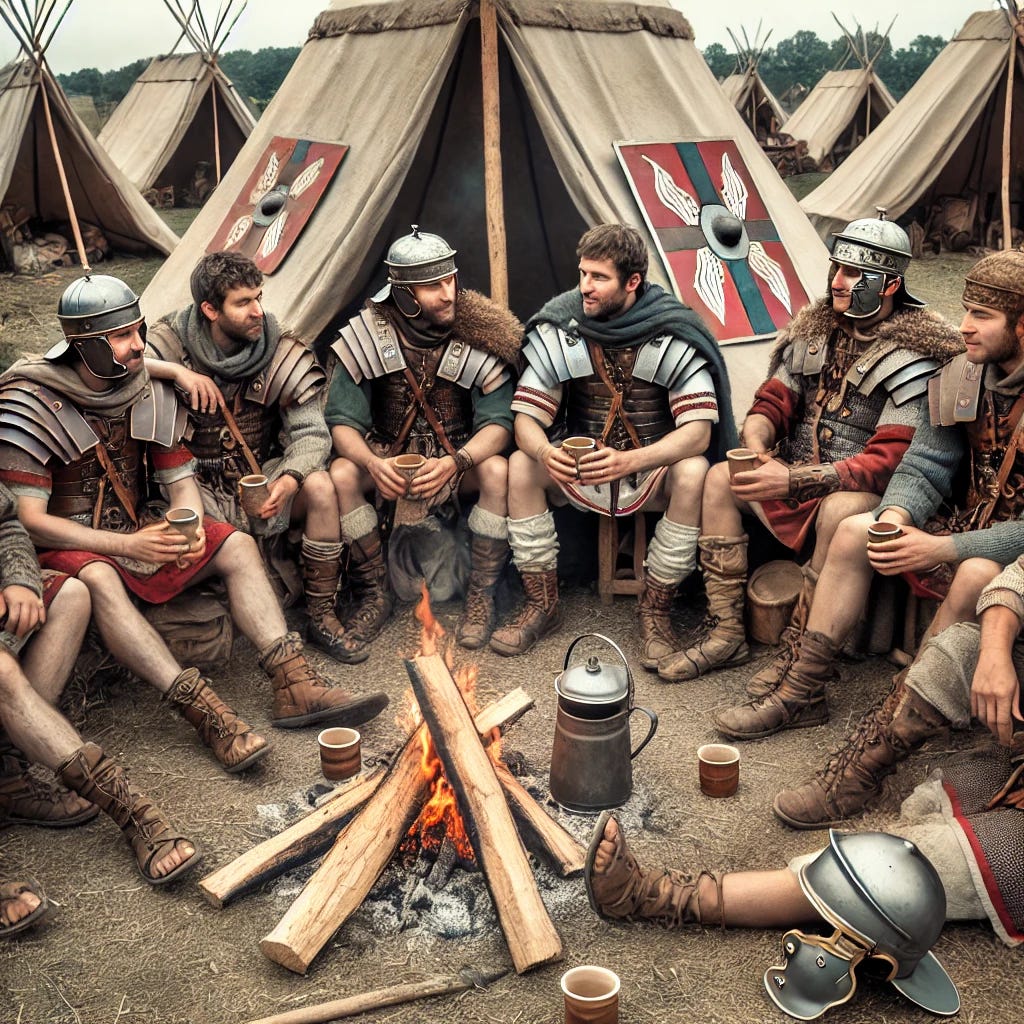 A group of eight Roman soldiers, part of a contubernium, relaxing in a Roman legion camp. They are dressed in traditional Roman military attire with helmets and armor, but their weapons are laid aside as they sit around a small campfire. Some are sitting on logs or makeshift seats, others are eating or drinking from cups. Behind them are the tents made from leather with wooden stakes, typical of a Roman camp. The camp is surrounded by wooden palisades, and you can see shields leaning against the tents. The overall atmosphere is relaxed and informal as the soldiers rest after a day of marching.