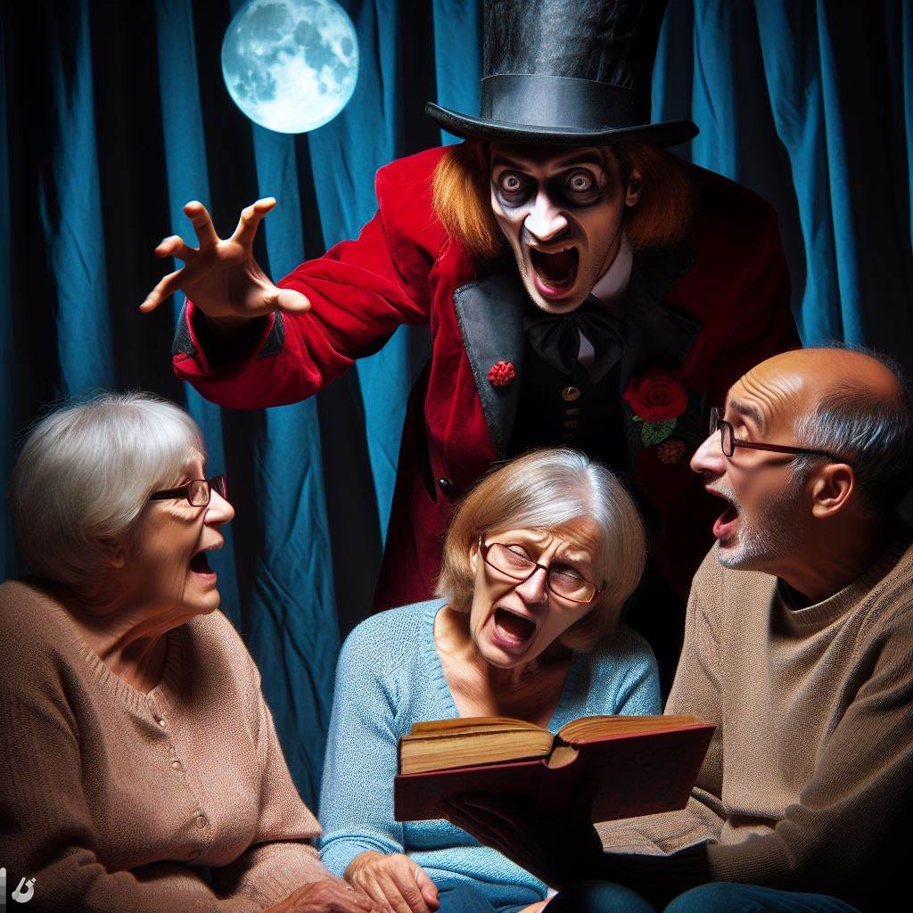 An evil story teller scaring adults