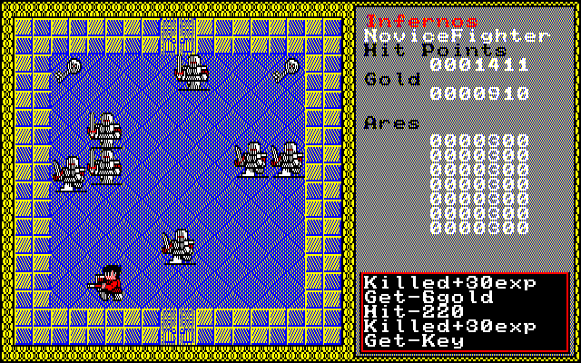 A screenshot from the Sharp X1 edition of Xanadu, featuring a room in a dungeon full of knights to be defeated, as well as locked doors and keys to be picked up. It's a single-screen dungeon room, akin to what you'd find in The Legend of Zelda (1986)