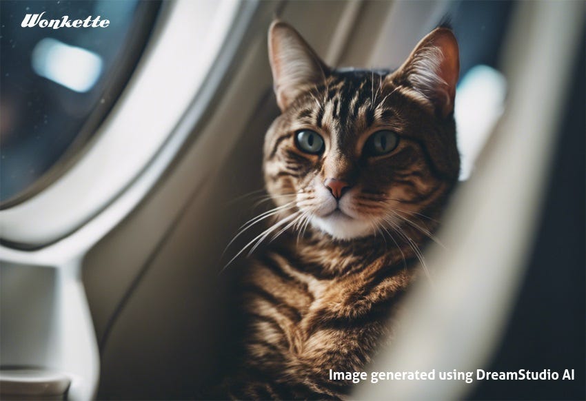 AI-generated of a cat sitting in an airline seat