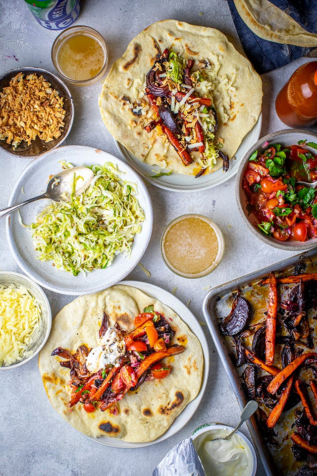 Roast Vegetable Fajitas with Homemade Tortillas, Fiery Salsa & Pickled Cabbage | DonalSkehan.com