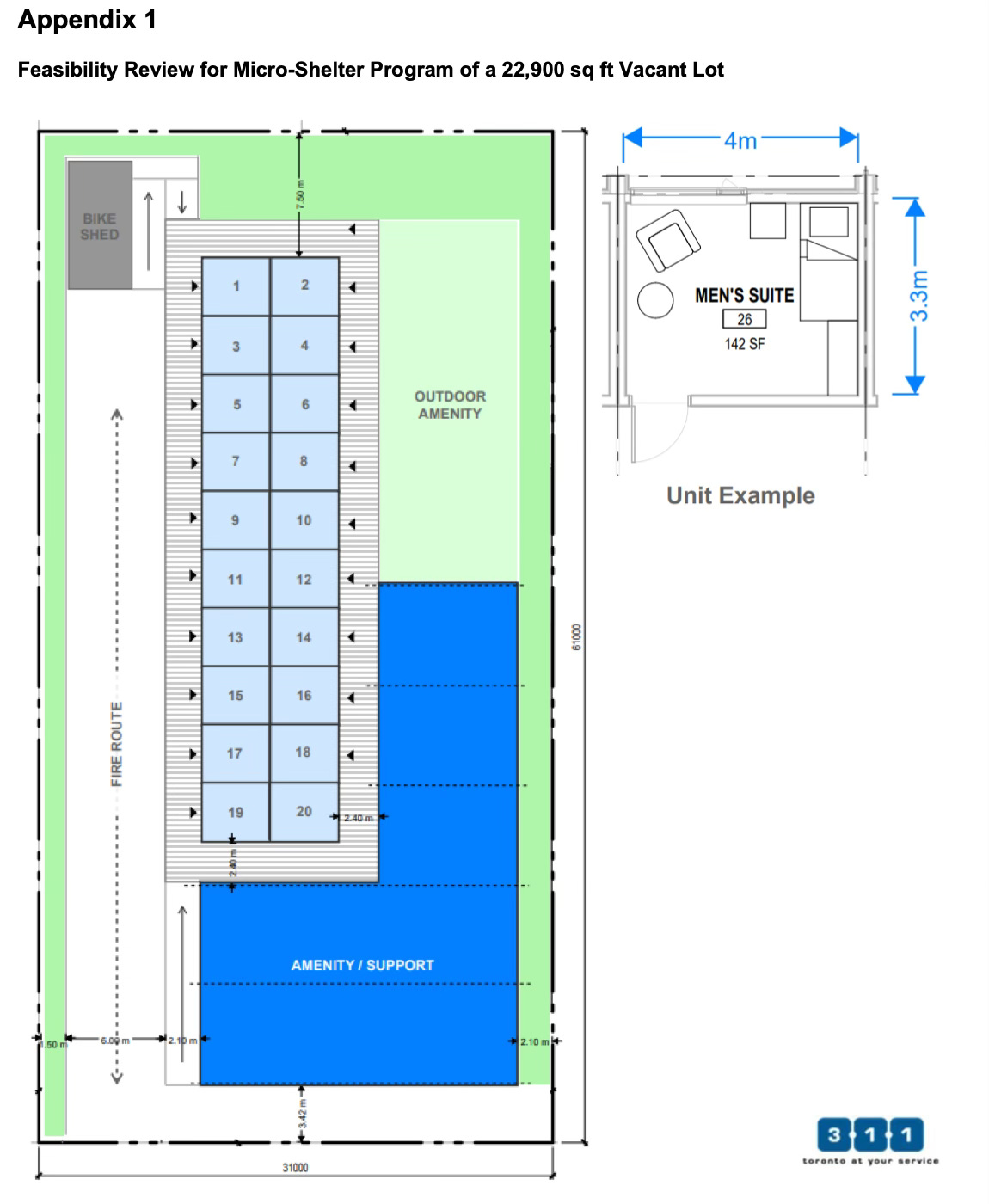 A schematic drawing of a micro-shelter community, with several small units and a big common area