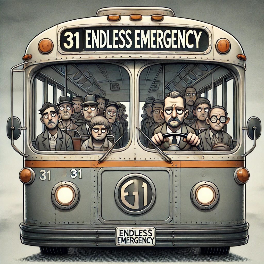 A cartoon-style depiction of a city bus, closely resembling a typical urban transit vehicle, with a focus on its front view. The bus features the route number and the destination sign reading '31 Endless Emergency.' Inside the bus, visible through the windows, are glum-looking passengers sitting and standing, each with exaggerated cartoonishly sad expressions. The driver, also cartoon-like, looks tired and dejected, gripping the steering wheel. The overall color scheme is muted yet stylized to match the cartoon aesthetic. The background remains simple with a cloudy sky.